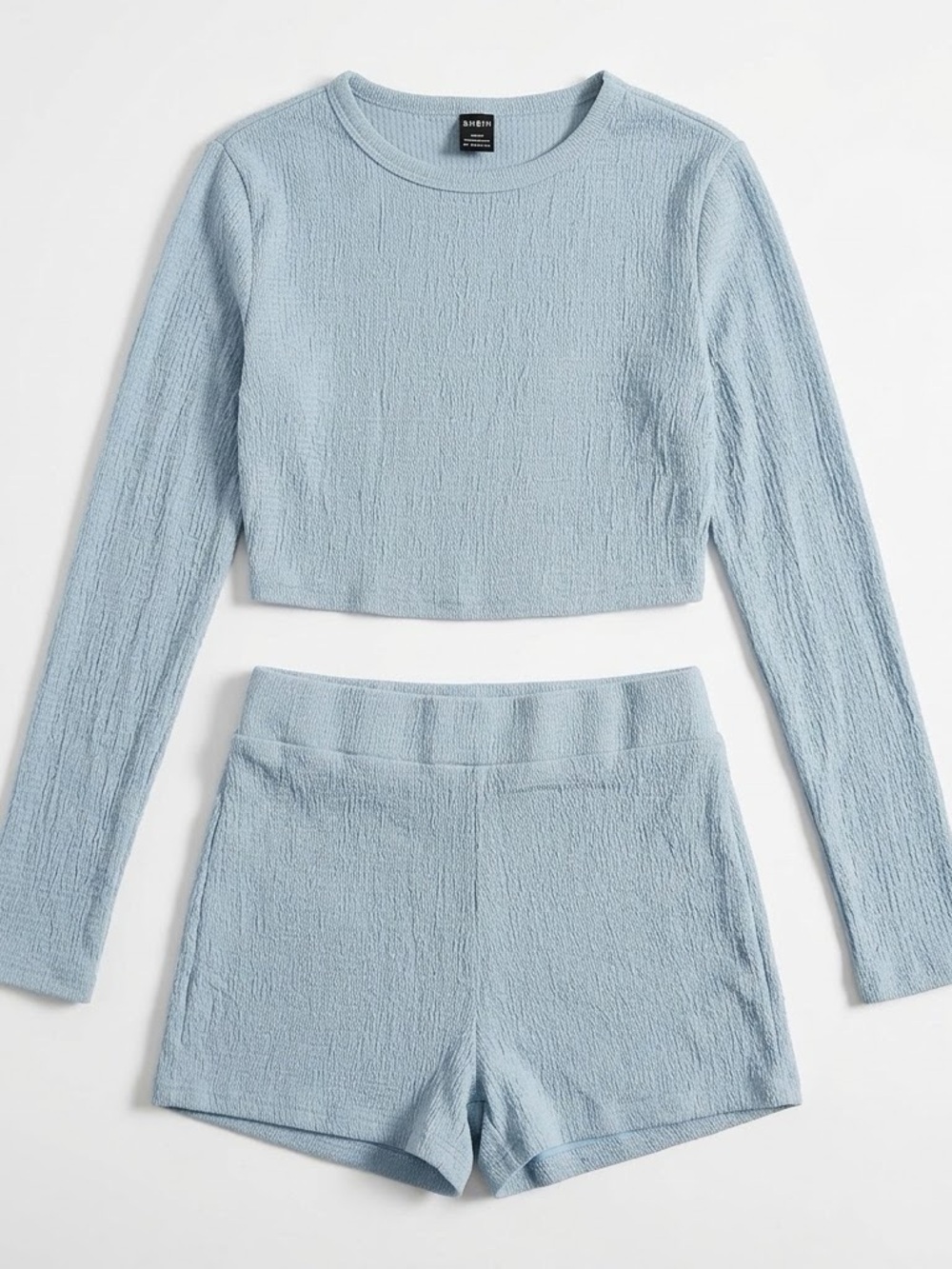 Cropped Long Sleeve Top & Shorts Set - Light Blue